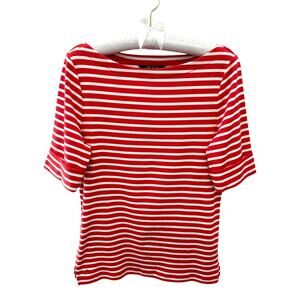 RALPH LAUREN | Red White Striped Boat Neck Stretch Knit Top | Medium